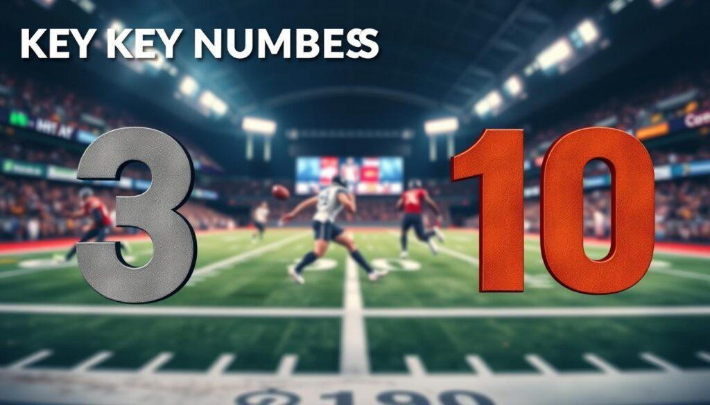 A dynamic and visually striking infographic illustrating key numbers in NFL and NBA point spreads. In the foreground, include bold, stylized representations of key numbers like 3, 7, and 10, artistically arranged as sports-themed icons (e.g., football and basketball elements) to highlight their significance in betting. In the middle, a blurred action shot of a football game and a basketball game, capturing players in motion, creating a sense of activity and excitement. The background features a vibrant stadium and arena atmosphere, subtly lit with dramatic stadium lights. Use a wide-angle perspective to enhance depth, immersing the viewer in the excitement of sports betting. The overall mood should convey a mix of urgency and focus, emphasizing the importance of understanding point spreads and key numbers in sports betting.
