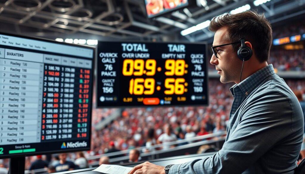 A dynamic scene illustrating totals over/under betting strategies for various sports leagues. In the foreground, a professional analyst in smart casual clothing is intently studying a sports statistics board, highlighting league-specific quirks like overtime rules and empty-net goals. In the middle, a digital scoreboard displays animated figures indicating over/under numbers, with quick graphs showing pace and weather impacts. The background features blurred stadium elements, capturing the excitement of a live game atmosphere, with fans wearing team jerseys. The lighting is bright and focused, giving a clean, analytical mood, as if in a modern sports analysis studio. Use a wide-angle lens to encapsulate the detailed environment while keeping attention on the betting strategies.