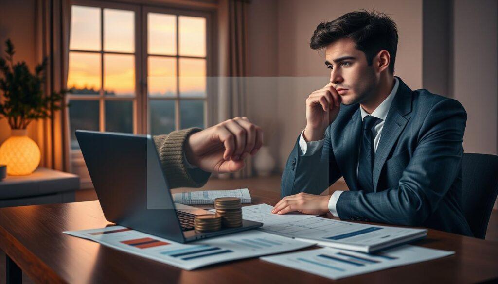 A focused and serene scene illustrating bankroll management and emotional control in betting. In the foreground, a professional individual in business attire, a young man, sits at a desk with a laptop, contemplating his next move with a calm expression. On the desk, there are carefully organized charts and graphs representing betting units and stop-loss strategies. The middle layer features a transparent overlay of a nervous hand reaching for a stack of chips, symbolizing the urge to chase losses. In the background, a softly lit room with a large window shows a sunset, casting warm orange and pink hues that evoke a sense of reflection and control. The entire atmosphere is one of calm determination and focus, emphasizing the importance of emotional balance in betting.