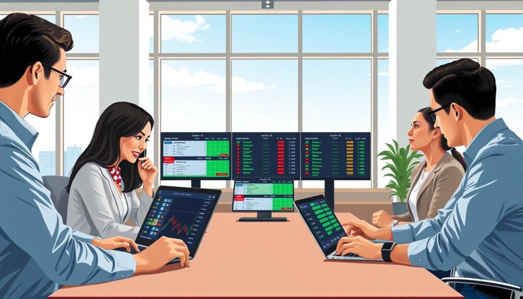 A professional and informative illustration of a line shopping workflow in the context of sports betting. The foreground features a diverse group of three people, dressed in smart casual attire, gathered around a table discussing various betting odds displayed on laptops and tablets. In the middle, several screens show different sportsbook platforms with distinct betting lines, represented visually with colorful graphs and indicators. The background contains a well-lit office environment with large windows, showcasing a clear blue sky for a positive atmosphere. Soft, natural lighting enhances the professional feel, while an angled view from slightly above captures the collaboration and focus among the individuals. Overall, the image should convey a sense of teamwork and strategic decision-making in sports betting.