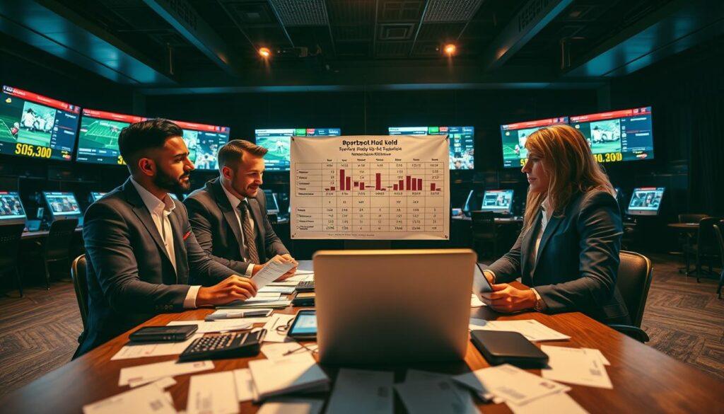A professional setting focused on sportsbook hold and bankroll management, featuring a dynamic scene. In the foreground, a diverse group of three individuals, two men and one woman, dressed in smart business attire, are engaged in a discussion around a large table covered with betting slips, calculators, and a laptop displaying graphs and statistics. In the middle, a pinned chart on the wall illustrates bankroll growth and risk management strategies. The background shows a modern sportsbook environment, featuring multiple screens with live betting odds and sports events, dimly lit for a focused atmosphere. Soft, warm lighting enhances the serious yet optimistic mood, while a wide-angle lens captures the collaborative energy and strategic planning involved in responsible betting practices. A professional setting focused on sportsbook hold and bankroll management, featuring a dynamic scene. In the foreground, a diverse group of three individuals, two men and one woman, dressed in smart business attire, are engaged in a discussion around a large table covered with betting slips, calculators, and a laptop displaying graphs and statistics. In the middle, a pinned chart on the wall illustrates bankroll growth and risk management strategies. The background shows a modern sportsbook environment, featuring multiple screens with live betting odds and sports events, dimly lit for a focused atmosphere. Soft, warm lighting enhances the serious yet optimistic mood, while a wide-angle lens captures the collaborative energy and strategic planning involved in responsible betting practices.