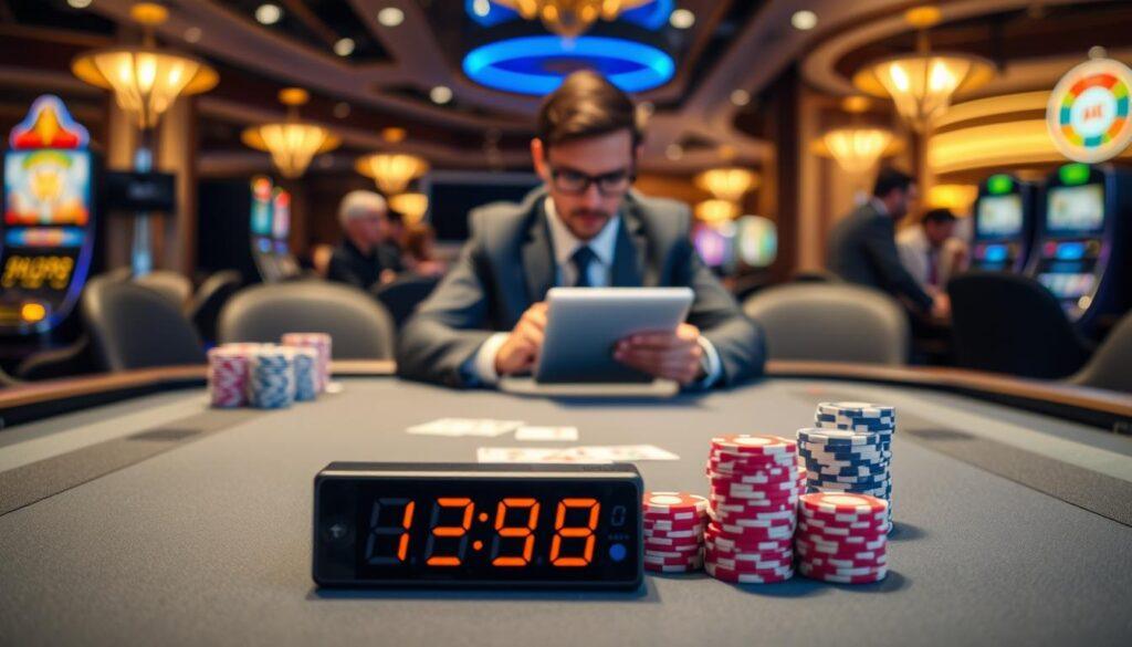 A professional workspace representing disciplined bankroll management in a casino setting. In the foreground, a sleek, modern poker table with neatly stacked chips and a digital timer displaying a timebox countdown. In the middle, a focused individual in business attire analyzing game statistics on a tablet, surrounded by a few other players engaged in a strategic discussion. The background features soft ambient lighting, with blurred images of slot machines and playing cards to evoke a gambling atmosphere. The overall mood should convey concentration and professionalism, highlighting the importance of session rules such as stop-loss, giveback cap, and time management in a vibrant yet disciplined environment.