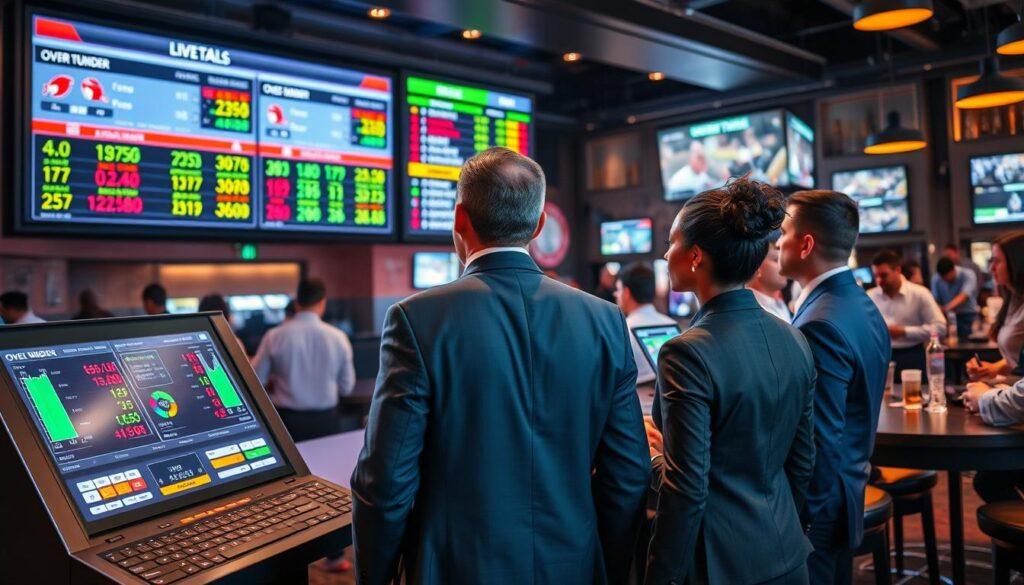 A sports betting scene depicting live totals over under betting in a vibrant, dynamic setting. In the foreground, a diverse group of three individuals dressed in professional business attire are intently watching a large digital screen displaying fluctuating over/under numbers for various games, with colorful graphs and statistics. In the middle ground, a sleek betting terminal with illuminated buttons and a digital display showing live odds enhances the atmosphere. The background features a modern sports bar environment, with patrons engaged in discussions, and multiple TV screens broadcasting different games. Soft, ambient lighting creates an energetic yet focused mood, while a wide-angle view captures the buzz of live sports betting. The image should evoke excitement and strategic thinking, emphasizing the risks and requirements of middling live totals.
