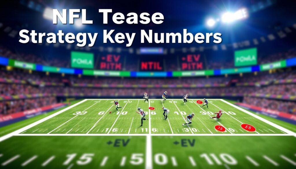 A visually engaging infographic illustrating "NFL Teaser Strategy Key Numbers." In the foreground, a professional-looking chart displays key numbers like 3, 6, 7, and 10 prominently, using bold colors for clarity. In the middle ground, a stylized graphic of a football field overlays the chart, with players strategically positioned at key zones showcasing +EV and -EV zones, all dressed in team colors, creating an energetic vibe. In the background, a blurred stadium atmosphere with vibrant lights sets a thrilling scene, evoking excitement and strategy in the world of sports betting. The lighting is bright yet balanced, emphasizing the chart while maintaining a dynamic, engaging mood suitable for a serious analysis of betting strategies, with a focus on clarity and professionalism.