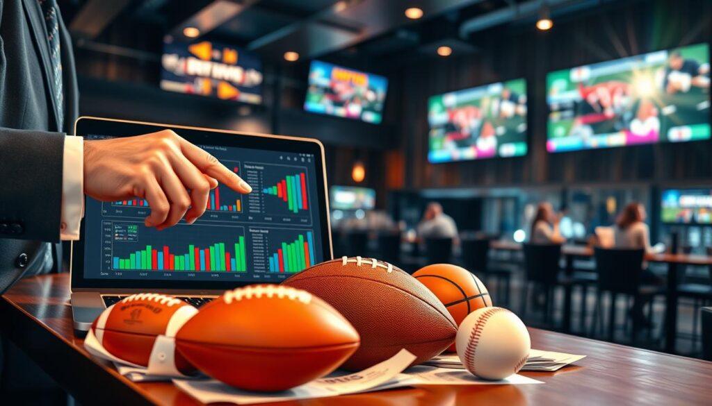 A visually engaging scene depicting the concept of correlation in same-game parlays, featuring a professional in business attire analyzing sports statistics. In the foreground, a laptop displays colorful charts and graphs highlighting correlations between game events, with a hand pointing to a specific data point. The middle ground showcases various sport balls—football, basketball, baseball—arranged artistically around betting slips. In the background, a soft-focus view of a modern sports bar with large screens displaying live games creates an energetic atmosphere. Bright, dynamic lighting emphasizes the excitement of sports betting, while a subtle lens flare adds to the overall allure of the image, enhancing the theme of risk and analysis in gambling. A visually engaging scene depicting the concept of correlation in same-game parlays, featuring a professional in business attire analyzing sports statistics. In the foreground, a laptop displays colorful charts and graphs highlighting correlations between game events, with a hand pointing to a specific data point. The middle ground showcases various sport balls—football, basketball, baseball—arranged artistically around betting slips. In the background, a soft-focus view of a modern sports bar with large screens displaying live games creates an energetic atmosphere. Bright, dynamic lighting emphasizes the excitement of sports betting, while a subtle lens flare adds to the overall allure of the image, enhancing the theme of risk and analysis in gambling.
