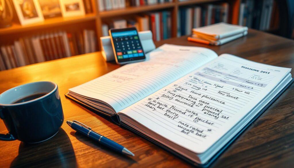 A beautifully arranged betting journal log, showcasing an open notebook spread on a polished wooden table. The foreground features a well-organized page with neatly handwritten entries, including sections for dates, outcomes, bets placed, and notes on reasoning for each bet. A stylish blue pen rests nearby, and a cup of coffee can be seen in the corner. In the middle, the notebook is flanked by a mobile device displaying betting odds and a calculator, emphasizing the analytical aspect of tracking bets. The background includes a blurred bookshelf filled with sports memorabilia and reference books, creating an ambiance of focused contemplation. Soft, warm lighting enhances the cozy atmosphere, inviting viewers to engage with the subject matter. The overall mood is one of professionalism and dedication, capturing the essence of strategic betting.