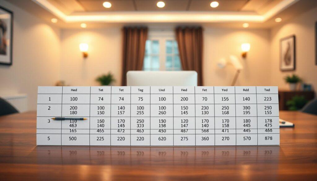 A clean, visually appealing no-vig odds reference table displayed on a polished wooden desk. The table should feature clear rows and columns, presenting odds ranging from -120 to +120, with a minimalist design for easy reading. The foreground shows a well-organized table with soft shadowing to create depth, while the middle layer includes a blurred laptop and a notepad with a pen, hinting at an analytical workspace. The background features a softly lit room with warm overhead lighting, providing a cozy yet professional atmosphere. The image should evoke a mood of focus and clarity, showcasing a tool for fair-odds estimation without any distractions or overlays.