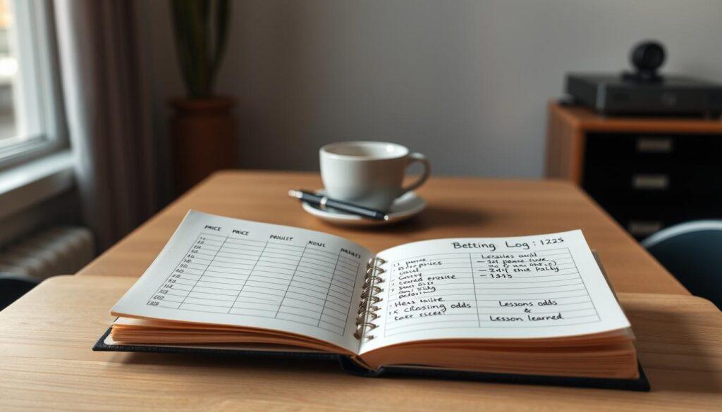 A detailed betting log record displayed prominently in the foreground, featuring an elegant open notebook filled with neatly handwritten entries, including columns for price, result, closing odds, and lessons learned. The pages are slightly aged, suggesting frequent use and careful tracking. In the middle ground, a minimalist wooden desk provides a warm, inviting backdrop, topped with a sleek pen and a coffee cup to evoke focus and dedication. The background features soft ambient lighting from a nearby window, casting natural light that creates gentle shadows, enhancing the inviting atmosphere of the workspace. The overall mood is contemplative and professional, symbolizing the importance of diligent record-keeping in betting practices. A detailed betting log record displayed prominently in the foreground, featuring an elegant open notebook filled with neatly handwritten entries, including columns for price, result, closing odds, and lessons learned. The pages are slightly aged, suggesting frequent use and careful tracking. In the middle ground, a minimalist wooden desk provides a warm, inviting backdrop, topped with a sleek pen and a coffee cup to evoke focus and dedication. The background features soft ambient lighting from a nearby window, casting natural light that creates gentle shadows, enhancing the inviting atmosphere of the workspace. The overall mood is contemplative and professional, symbolizing the importance of diligent record-keeping in betting practices.