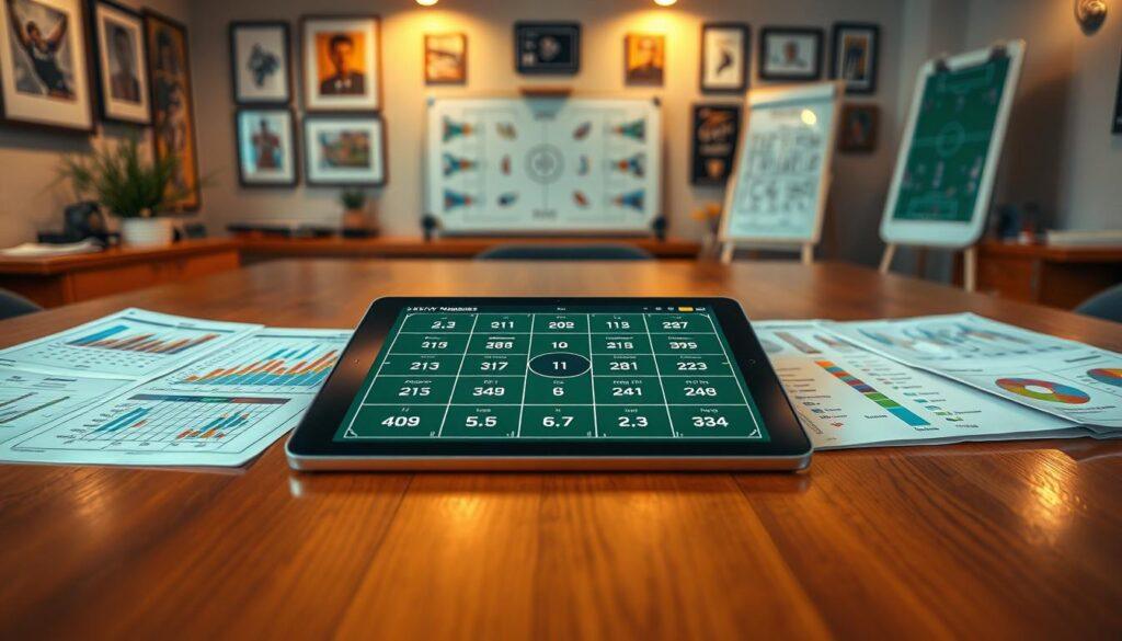 A detailed football key numbers chart showcasing statistical analysis. In the foreground, a polished wooden table holds sheets of data, colorful graphs, and highlighted key numbers related to football scoring patterns, presented in a clean, modern design. The middle features a digital tablet displaying an enlarged version of the chart, attracting attention with its vivid colors and sharp details. The background consists of a softly blurred sports office setting with framed football memorabilia and a whiteboard filled with tactical plays. Warm, inviting lighting illuminates the scene, creating a focused yet energetic atmosphere. The perspective is slightly angled from above, emphasizing the chart's intricate details without any text or watermarks. A detailed football key numbers chart showcasing statistical analysis. In the foreground, a polished wooden table holds sheets of data, colorful graphs, and highlighted key numbers related to football scoring patterns, presented in a clean, modern design. The middle features a digital tablet displaying an enlarged version of the chart, attracting attention with its vivid colors and sharp details. The background consists of a softly blurred sports office setting with framed football memorabilia and a whiteboard filled with tactical plays. Warm, inviting lighting illuminates the scene, creating a focused yet energetic atmosphere. The perspective is slightly angled from above, emphasizing the chart's intricate details without any text or watermarks.