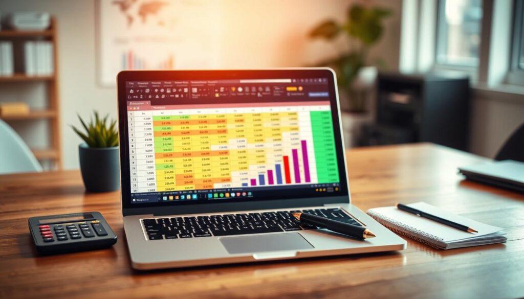 A detailed, user-friendly spreadsheet template for a bankroll growth calculator, displayed on a modern laptop on a wooden desk. The foreground features the laptop screen, showcasing colorful cells filled with numbers and charts, including a bar graph illustrating increasing savings. In the middle, there are neatly arranged financial tools such as a calculator, a pen, and a notepad. The background reveals a soft-focus office environment, with warm lighting that creates a professional and inviting atmosphere. The image is well-composed using a slight top-down angle, highlighting the functionality of the spreadsheet while conveying a sense of productivity and organization. The overall mood is motivating and inspirational, reflecting the theme of financial growth.