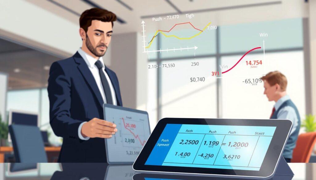 A dynamic and informative illustration depicting "push protection betting math." In the foreground, a sleek digital tablet displays a simplified betting spread and calculations, reflecting the concept of pushes in sports betting. To the side, a professional dressed in business attire, focused and analytical, interacts with the tablet. In the middle ground, graphs and betting odds float above, visually representing the math involved—clear, colorful lines showing comparisons between push and win bets. The background features a modern office setting with soft, natural lighting filtering through a large window, creating a calm, focused atmosphere. The overall mood is one of professionalism and critical analysis, ideal for an audience interested in betting strategies. A dynamic and informative illustration depicting "push protection betting math." In the foreground, a sleek digital tablet displays a simplified betting spread and calculations, reflecting the concept of pushes in sports betting. To the side, a professional dressed in business attire, focused and analytical, interacts with the tablet. In the middle ground, graphs and betting odds float above, visually representing the math involved—clear, colorful lines showing comparisons between push and win bets. The background features a modern office setting with soft, natural lighting filtering through a large window, creating a calm, focused atmosphere. The overall mood is one of professionalism and critical analysis, ideal for an audience interested in betting strategies.