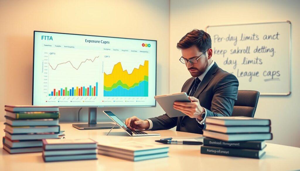 A modern, sleek desk setup in a professional office environment, featuring a large digital screen displaying colorful graphs and charts related to betting limits and exposure caps. In the foreground, a knowledgeable financial analyst, dressed in smart business attire, is deeply focused on adjusting data points on a tablet. Surrounding stacks of hardcover books on bankroll management create an intellectual atmosphere. In the background, a minimalist whiteboard highlights key terms like "per-day limits" and "per-league caps" in elegant handwriting. Soft, diffused lighting gives a warm ambiance, while the image is captured from a slightly elevated angle to create depth, emphasizing the analytical and strategic nature of the subject matter. The overall mood is professional and engaging, inviting readers into the world of careful financial planning.