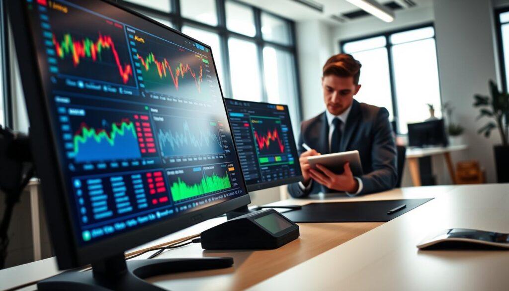 A modern workspace featuring a sleek desk with dual monitors displaying vibrant financial graphs and alerts. In the foreground, a detailed close-up of one monitor shows colorful timing alerts and a dynamic watchlist, highlighting various stock tickers and their performance metrics. The middle of the image includes a professional, focused individual in business attire analyzing the data, jotting down notes on a digital tablet. The background captures a bright, airy office environment with large windows allowing natural light to flood in, creating a productive and motivated atmosphere. The overall mood is one of concentration and clarity, emphasizing the importance of timing in trading strategies. The lighting is soft and inviting, enhancing the sense of professionalism and engagement with the task at hand.
