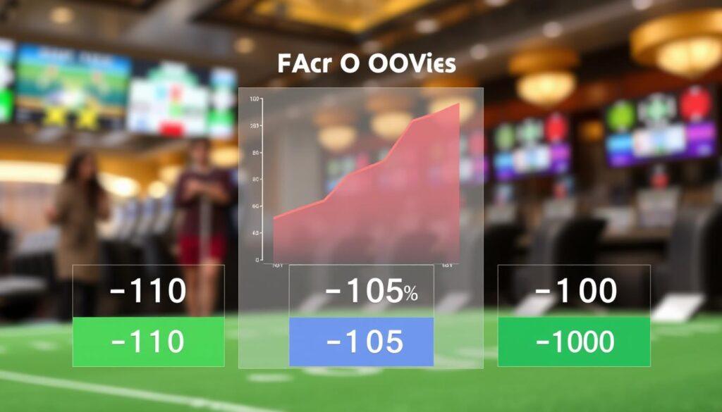 A professional and visually engaging diagram illustrating a fair odds comparison example, focusing on the numerical values of -110, -105, and +100. In the foreground, display three distinct betting odds boxes, each filled with a different color to represent each odds type, with simple, clean lines separating them. The middle layer features a transparent overlay showcasing dynamic, upward-trending graphs that symbolize potential payouts against bookmaker hold percentages, using soft, calming colors. In the background, a blurred image of a sports betting environment, such as a casino or sportsbook, creates a sense of immersion. Utilize bright, natural lighting to enhance clarity and focus on the odds, while maintaining a professional and informative mood throughout the composition.