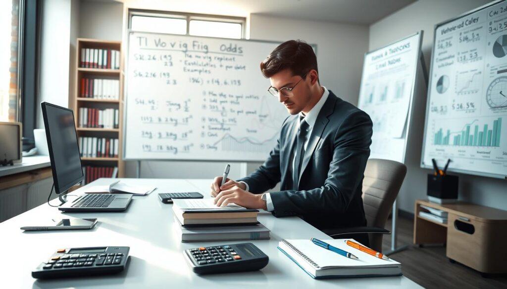 A serene office workspace designed for financial analysis, with a modern desk and a large whiteboard filled with no-vig odds calculations and examples. In the foreground, a neatly arranged set of calculators, notebooks, and pens. The middle features a professional-looking individual in business attire, focused on solving odds problems, surrounded by financial charts and graphs. The background includes shelves filled with business books and a large window allowing natural light to pour in, creating a bright and inviting atmosphere. Soft shadows give depth, while a shallow depth of field keeps the focus on the individual and their work, evoking a sense of dedication and learning. The mood is calm and intellectually stimulating, emphasizing the process of mastering fair-odds estimation.