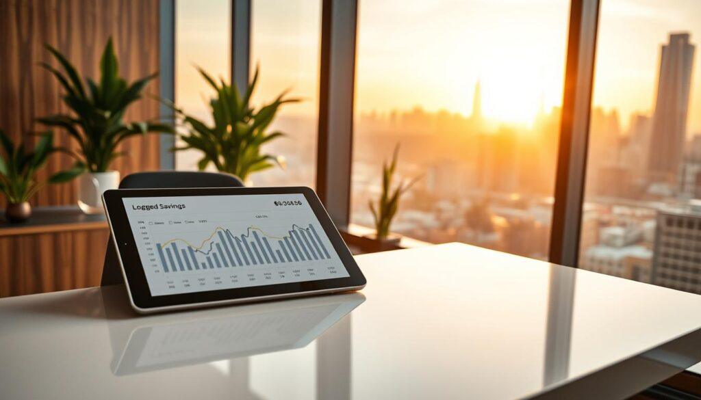 A serene yet dynamic scene depicting an early morning urban landscape, focusing on a professional business person, dressed in smart attire, sitting at a sleek desk next to a large window. The foreground features a detailed view of a digital tablet displaying graphs and figures, symbolizing logged savings and market timings. In the middle ground, a modern office environment is visible with rich wooden accents and lush green plants, creating a sense of financial growth. The background shows a stunning skyline bathed in soft golden light, suggesting the early hours of a new day, evoking optimism and energy. The overall mood is one of focus and opportunity, with balanced lighting emphasizing clarity and professionalism.