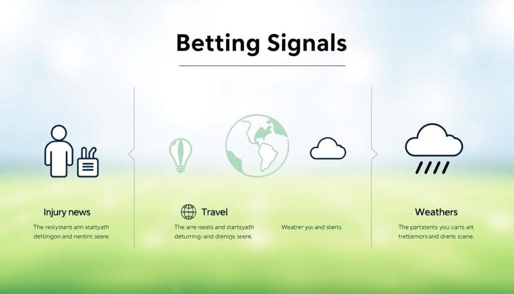 A sleek and minimalistic infographic illustrating simple betting signals. In the foreground, represent key elements such as injury news, travel spots, and weather notes using clean icons and symbols, like a sports injury figure, a globe with location pins, and a weather cloud with raindrops. In the middle layer, arrange these icons systematically, emphasizing clarity and easy comprehension. The background should be a soft gradient, blending light blues and greens to evoke a sense of calm and focus. Incorporate subtle geometric patterns to maintain a professional touch, with gentle, diffused lighting casting a soft glow over the entire image. The overall atmosphere should be informative and engaging, catering to sports betting enthusiasts seeking straightforward strategies.