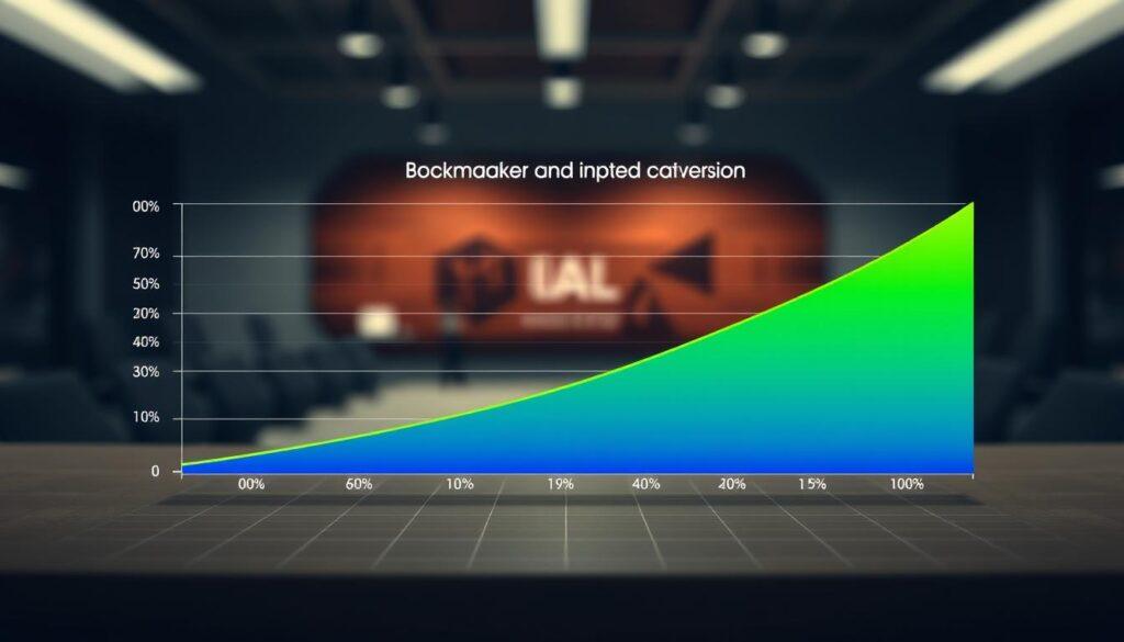 A sleek and modern implied probability conversion chart displayed prominently in the foreground, featuring a gradient color scheme transitioning from deep blue to vibrant green. The chart should be designed with clean, bold lines and clearly marked percentage values ranging from 0% to 100%. In the middle ground, a subtle grid pattern enhances the professional look of the chart. The background presents a soft focus on a blurred office environment, suggesting a business setting with dim, ambient lighting that creates a serious yet approachable atmosphere. The overall mood should evoke clarity and professionalism, suitable for an article about bookmakers and their odds. The image should not contain any text, logos, or distracting elements.