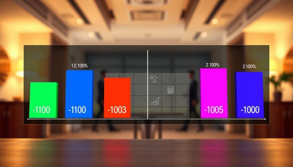 A sleek comparison chart showcasing break-even percentages at -110, -108, -105, and +100 displayed in a modern, professional style. In the foreground, vivid bar graphs with distinct colors represent each percentage point, clearly labeled but without text. The middle section features a subtle grid layout, allowing for easy visual comparison, and includes elegant icons symbolizing finance and mathematics, such as calculators and graphs. The background is a soft-focus office environment with warm lighting, suggesting a serious yet welcoming atmosphere. The camera angle is slightly tilted downward to give depth, emphasizing the chart as a central focus. The overall mood conveys clarity and professionalism, perfect for analytical discussions in finance.