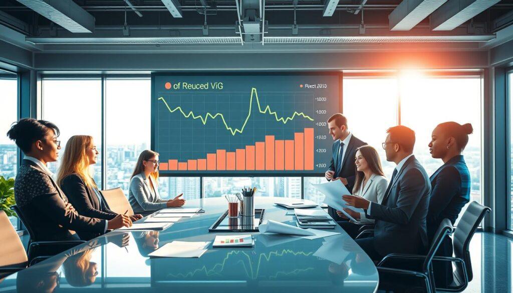 A vibrant and engaging business scene illustrating reduced juice pricing opportunities in a modern office environment. In the foreground, a diverse group of professionals in smart business attire engaged in a discussion, analyzing documents and graphs on a sleek conference table. In the middle, a large digital display shows fluctuating juice pricing charts with downward trends, symbolizing reduced vig. In the background, large windows allow natural light to illuminate the room, creating a bright and optimistic atmosphere. The composition should have a slightly elevated angle, capturing the interaction among people and the digital display while emphasizing teamwork and collaboration. The overall mood is one of productivity and opportunity, emphasizing the positive impacts of reduced pricing strategies.