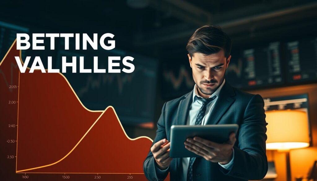 A visually striking representation of betting pitfalls and variance bands in a financial context. In the foreground, a large, highlighted graph shows increasing and decreasing variance bands with sharp angles, illustrating potential losses and gains. In the middle, a person in business attire is analyzing the graph on a sleek digital tablet, with a furrowed brow, symbolizing deep contemplation and caution. The background depicts a softly blurred office setting with financial charts and screens, dimly lit with warm light to create an atmosphere of focused intensity. The overall mood conveys a sense of caution and the intricate nature of betting strategies, emphasizing critical thinking in financial decisions.