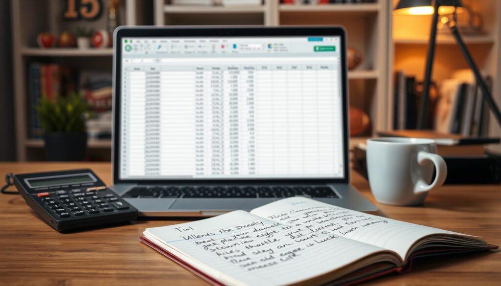 A well-organized desktop scene depicting sports betting recordkeeping. In the foreground, a sleek laptop screen displays a detailed spreadsheet filled with betting records, including columns for bets placed, outcomes, and a "kill/keep list." Beside the laptop, there’s a notepad with handwritten notes on weekly performance reflecting insights about edge vs. luck. In the middle ground, a stylish calculator sits next to a cup of coffee, symbolizing focus and analysis. The background features a softly lit bookshelf with sports memorabilia, enhancing the atmosphere of a dedicated bettor's workspace. Soft, warm lighting illuminates the scene, creating an inviting and productive mood, with a slight depth of field to emphasize the records while gently blurring the background.
