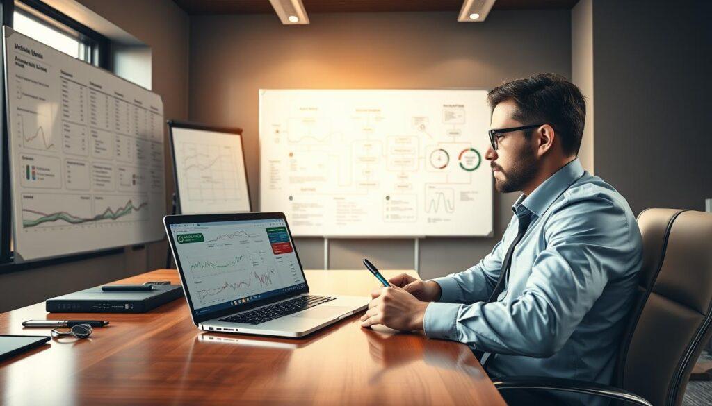 Generate an image of a strategic game script for sports betting, set in a sleek, modern office environment. In the foreground, depict a polished wooden desk with a laptop open, displaying graphs and betting odds related to alternate lines. A professional-looking person, wearing business attire, is seated at the desk, thoughtfully analyzing data with a pen in hand. In the middle ground, include a whiteboard filled with betting strategies and flowcharts, highlighting key decision points. The background should feature a large window that lets in warm, natural light, casting soft shadows across the room, creating a focused and energetic atmosphere. Emphasize the contrast of success vs. caution in betting, using vibrant colors to represent clear strategies against a subdued palette for uncertainty. Generate an image of a strategic game script for sports betting, set in a sleek, modern office environment. In the foreground, depict a polished wooden desk with a laptop open, displaying graphs and betting odds related to alternate lines. A professional-looking person, wearing business attire, is seated at the desk, thoughtfully analyzing data with a pen in hand. In the middle ground, include a whiteboard filled with betting strategies and flowcharts, highlighting key decision points. The background should feature a large window that lets in warm, natural light, casting soft shadows across the room, creating a focused and energetic atmosphere. Emphasize the contrast of success vs. caution in betting, using vibrant colors to represent clear strategies against a subdued palette for uncertainty.