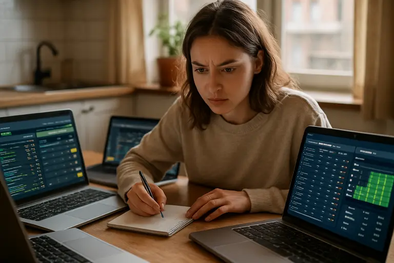 Analyst comparing betting prices across two devices during a live match