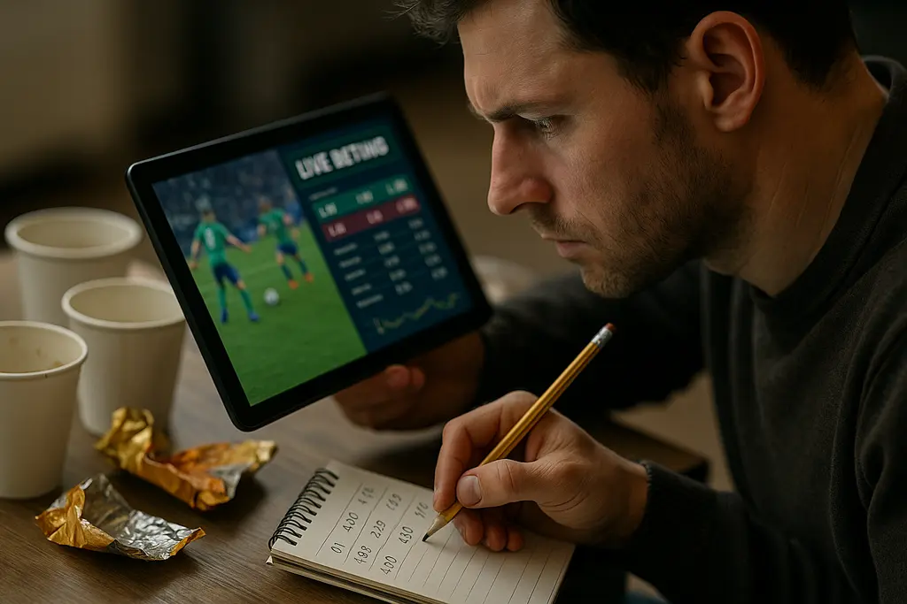 Live betting risks shown through a bettor comparing in-play odds on a laptop and phone