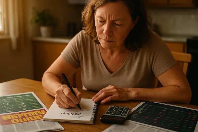 Notebook with bankroll categories next to a phone showing sports market prices