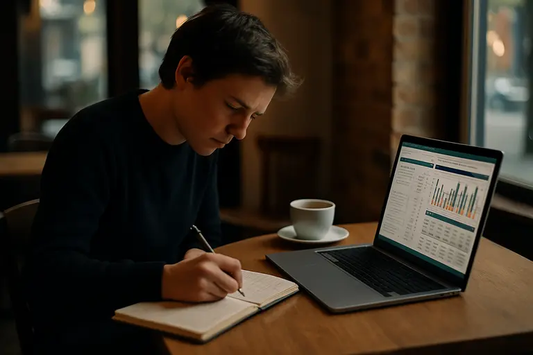 Notebook with bankroll notes beside a calculator and laptop