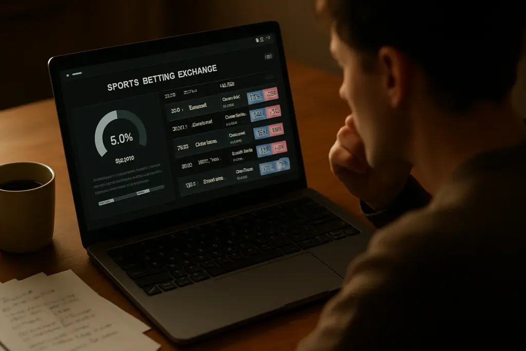 exchange betting screen beside a sportsbook odds board on a desk