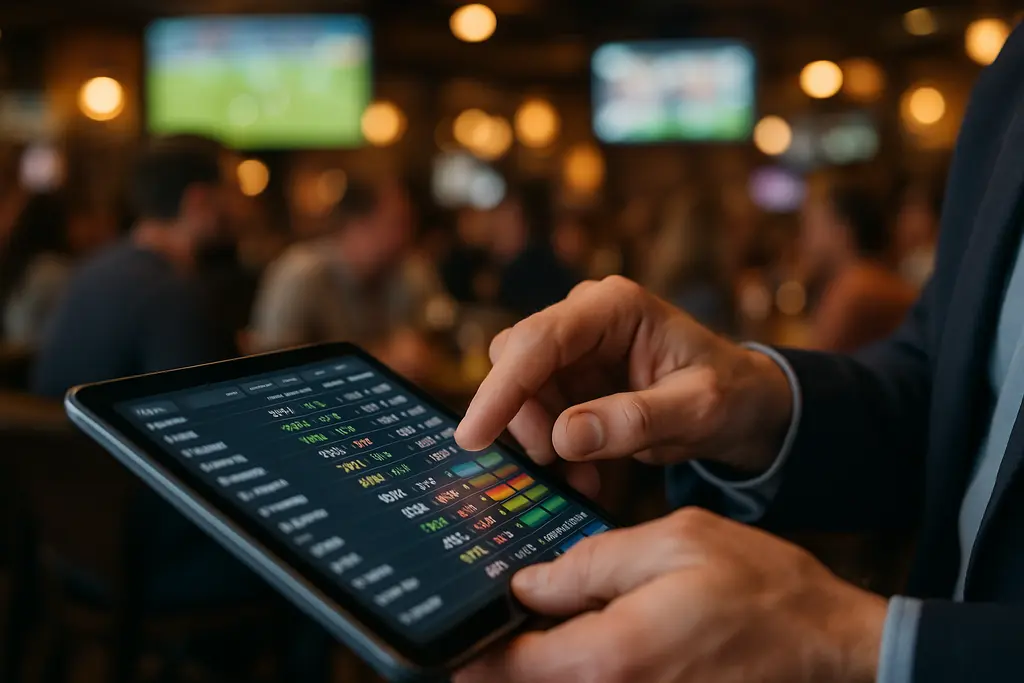 Live Betting Margins shown on a trading desk with odds screens and a bankroll notebook