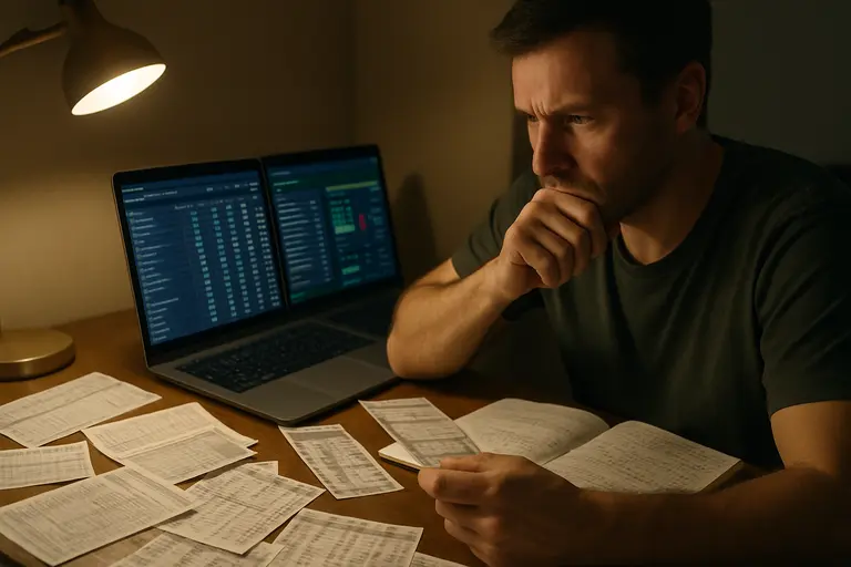 Bettor comparing odds on multiple devices with a bankroll ledger nearby